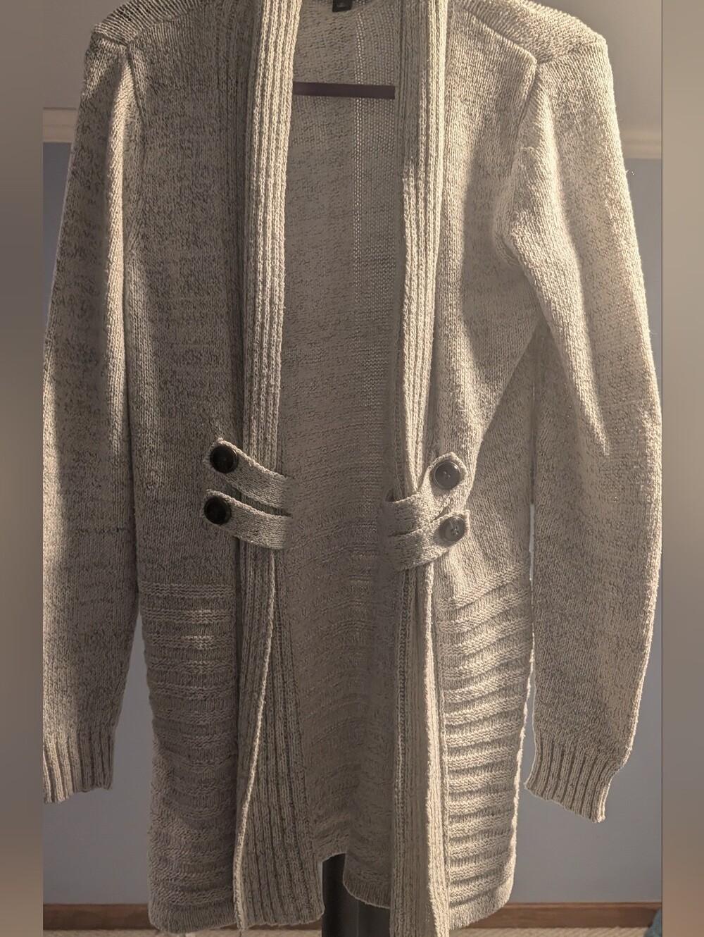 Open-Front Cream Knit Cardigan with Button Tab Detail